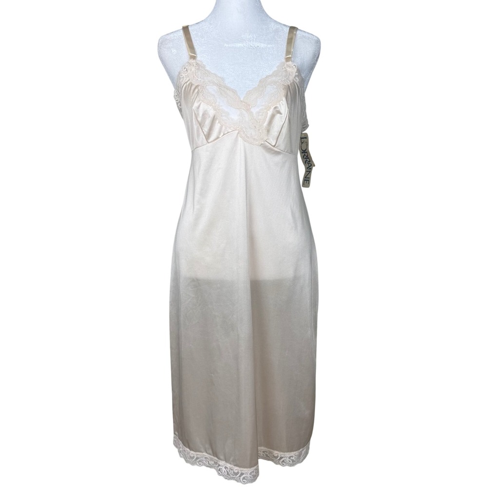 Vintage Lorraine Slip Dress 34 Blush Lace Nylon Empire Waist Lingerie USA 90s